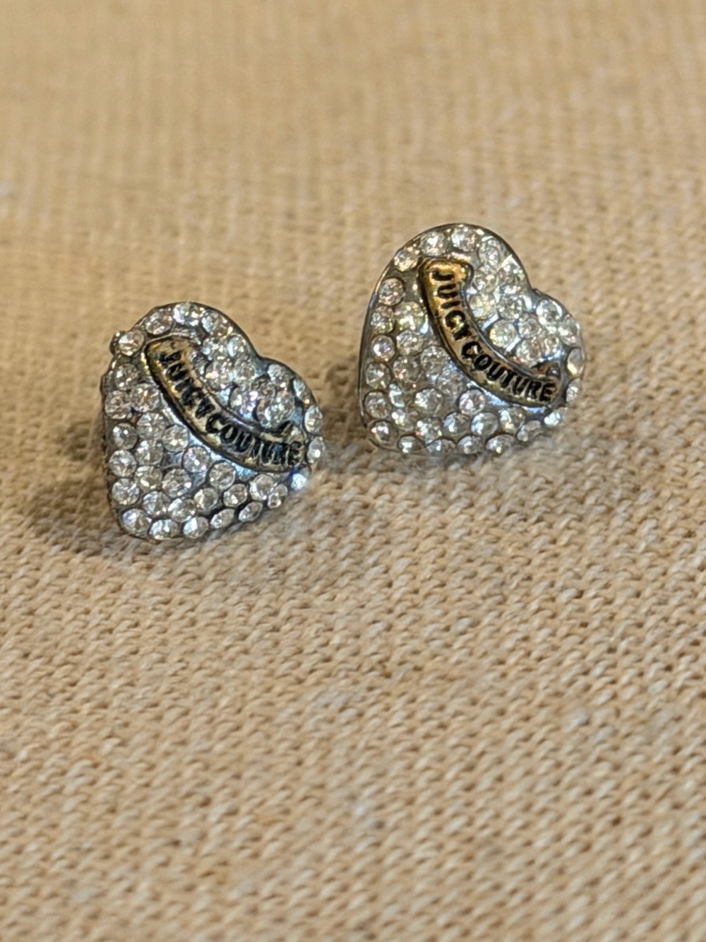 Juicy Couture Silver Crystal Pave Heart Stud Earrings with Gold banner Logo